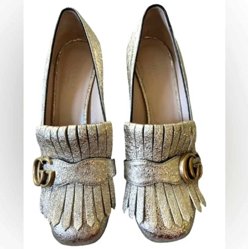 Gucci Galassia GG
Marmont Fringe Block Heel Pumps Gold Leather Foil Size 37.5 - Picture 2 of 9